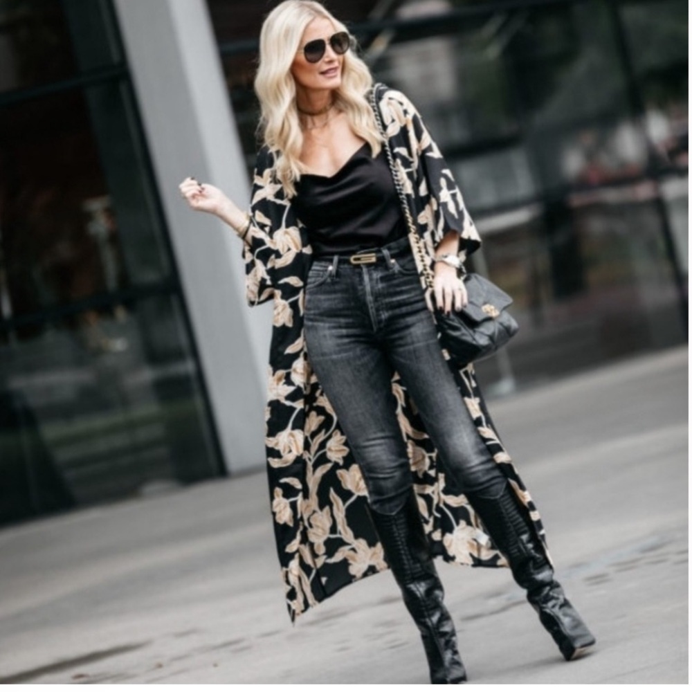 Maison Du Soir Selena Black Floral Kimono Boho Sz L/XL